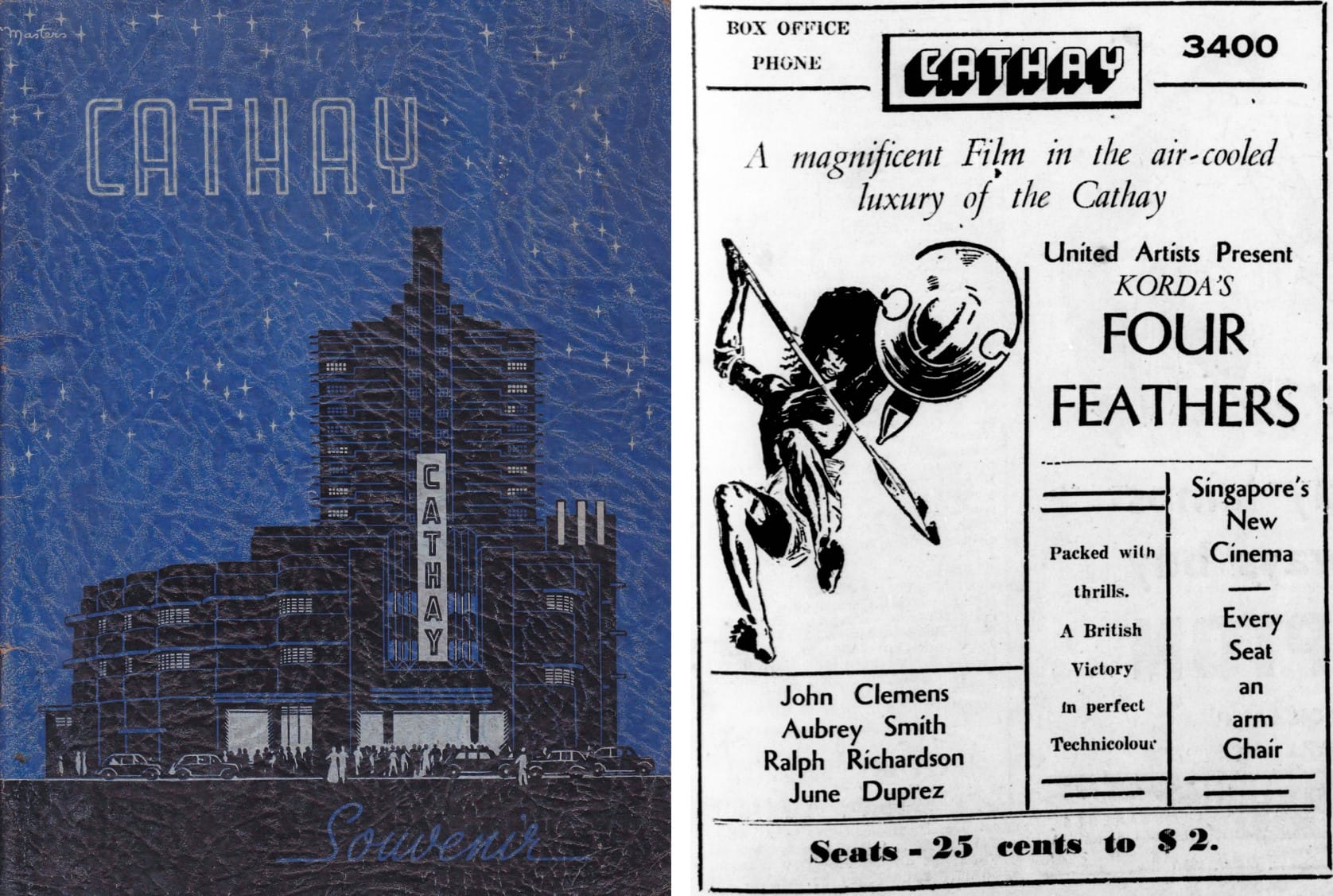 One side shows a Cathay cinema building illustration, the other side is a vintage film advertisement for "Four Feathers."